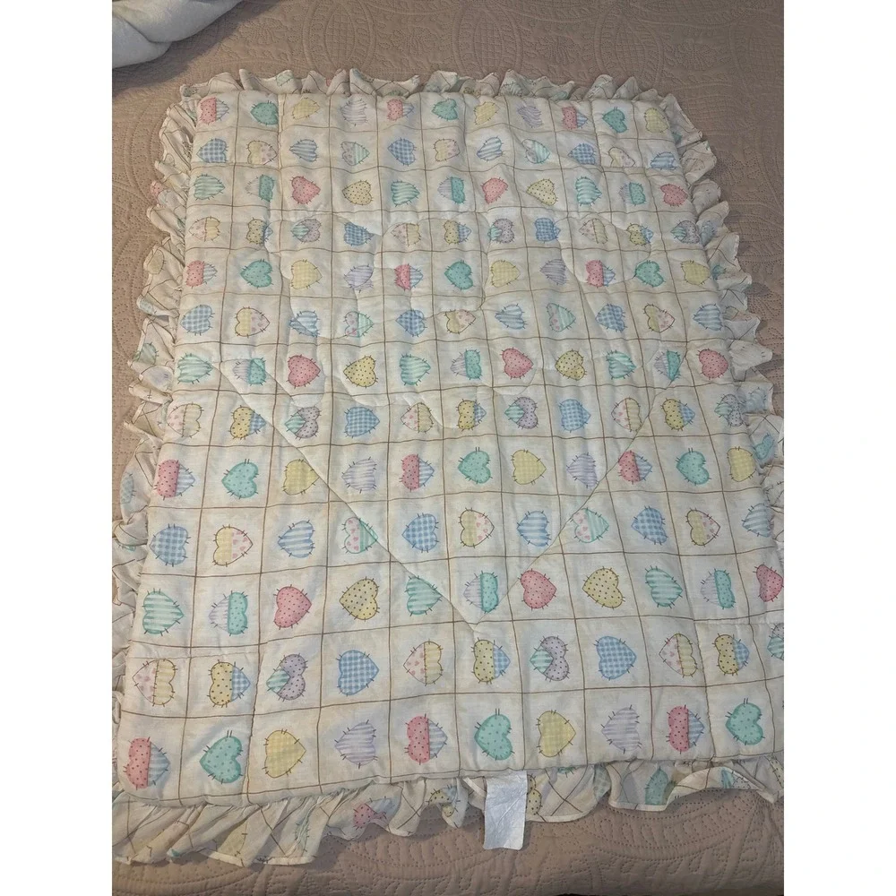 Vintage Teddy Bear Bunny Baby Comforter Pastel Patchwork Ruffle Quilt 33x42
